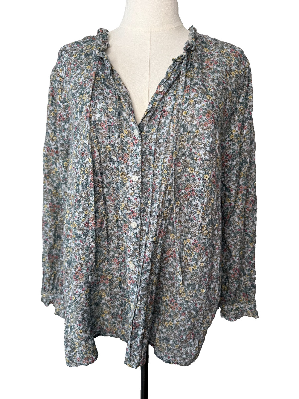 Loft Blue Ditsy Floral Button Peasant Top L Cottage Fairy Office Boho Cotton